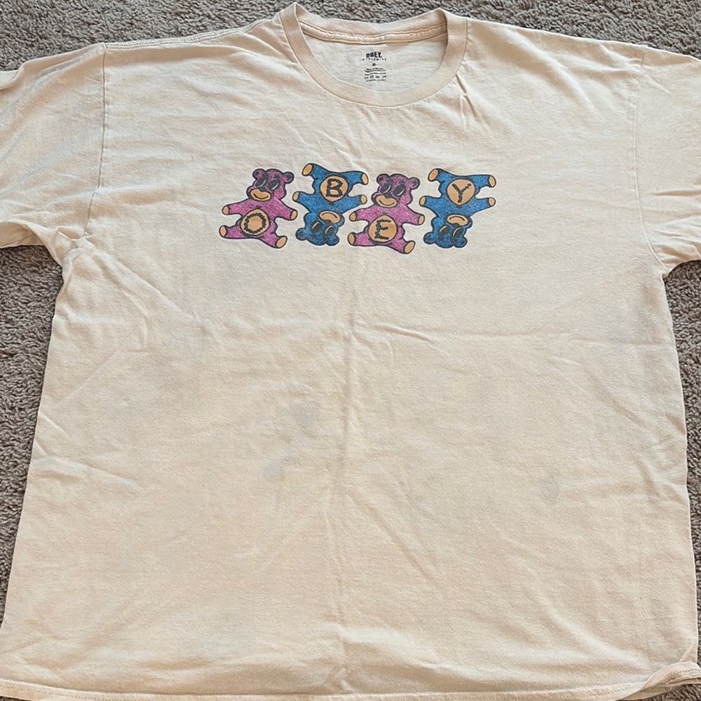 Obey Cream and Pink Short Sleeve Tee with Cartoon Bears